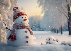 Uśmiechnięty bałwan w czapce na śniegu