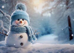 Uśmiechnięty bałwanek w czapce i szaliku na śniegu