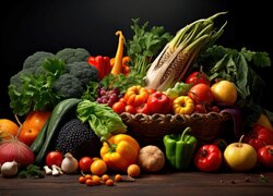 Warzywa i owoce w koszu i obok