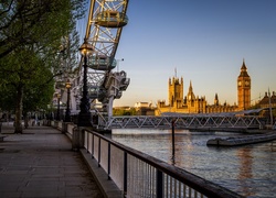 Anglia, Londyn, Pałac Westminsterski, Big Ben, Bulwar, Rzeka Tamiza, Koło obserwacyjne, London Eye
