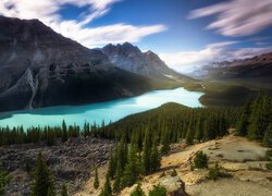 Park Narodowy Banff, Jezioro, Peyto Lake, Góry, Lasy, Chmury, Prowincja Alberta, Kanada