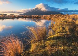 Nowa Zelandia, Góra, Taranaki, Wulkan Egmont, Staw Pouakai, Trawa, Chmury, Odbicie