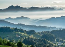 Góry, Alpy Julijskie, Mgła, Lasy, Dolina, Domy, Słowenia