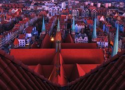 Widok z dachu na kolorowe domy w Gdańsku