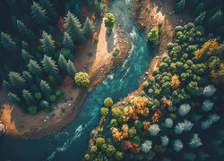 Widok z lotu ptaka na rzekę i las w grafice