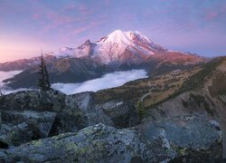 Widok ze skał na ośnieżoną górę Mount Rainier i mgłę