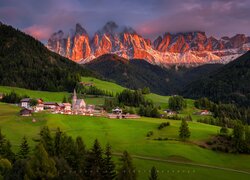 Włochy, Dolina, Val di Funes, Wieś, Santa Maddalena, Góry, Dolomity, Masyw Odle, Lasy, Drzewa, Domy