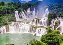 Wodospad, Ban Gioc Waterfall, Drzewa, Jezioro, Rzeka, Cao Bang, Wietnam