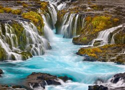 Islandia, Wodospad, Bruarfoss, Rzeka Bruara, Skały, Roślinność