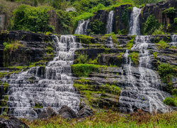 Wietnam, Wodospad, Pongour Dalat, Kaskada, Omszałe, Skały, Rośliny