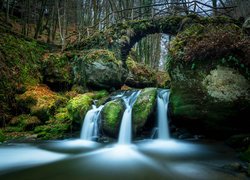 Las, Drzewa, Wodospad Schiessentumpel, Rzeka, Most, Skały, Mała Szwajcaria, Mullerthal, Luksemburg