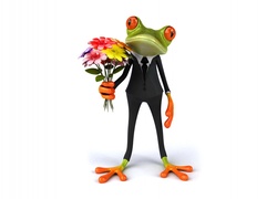 Żaba w garniturze z bukietem kwiatów w ręce