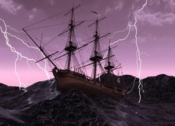 Żaglowiec na morzu w czasie sztormu z piorunami