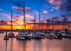 Zachód słońca, Żaglówki, Morze, Przystań, Scarborough Marina, Scarborough Boat Harbour, Australia