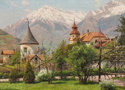 Malarstwo, Obraz, Peder Mork Monsted, Zamek Winkel, Domy, Drzewa, Góry, Południowy Tyrol, Włochy