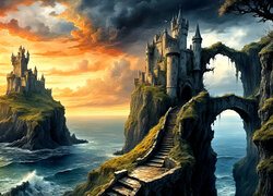 Grafika, Morze, Skały, Chmury, Zamek, Schody, Wschód słońca, Fantasy