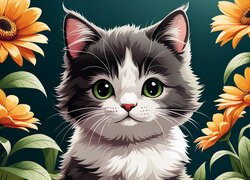Zielonooki biało-czarny kotek wśród kwiatów w grafice