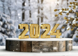 Nowy Rok, Cyfry, Data, 2024, Podium, Deski, Ośnieżone, Drzewa