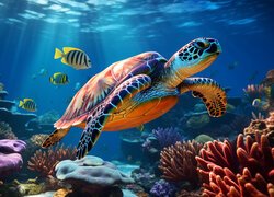 Żółw morski wśród ryb i koralowców