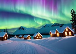 Zorza polarna nad oświetlonymi domkami