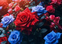 Kwiaty, Niebieskie, Czerwone, Róże, Listki