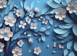 Białe i niebieskie kwiatki na niebieskim tle