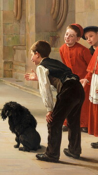 Chłopcy i pies na obrazie Charlesa Bertranda dEntrayguesa