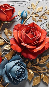 Czerwone i niebieskie róże wśród złotych liści