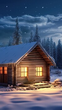 Drewniany oświetlony domek