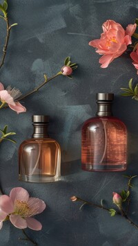 Dwa flakony z perfumami i kwiatki