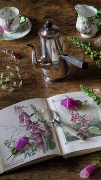 Kwiaty i lupa na otwartej książce