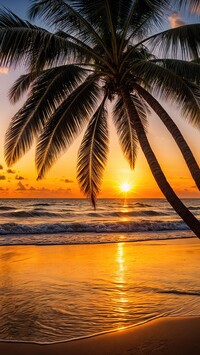 Palma na tle zachodu słońca nad morzem