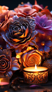 Płonąca świeca obok bukietu kwiatów