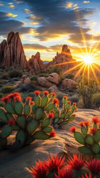 Promienie słońca nad skałami i kwitnące kaktusy