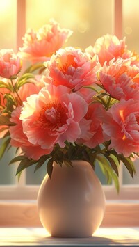 Rozświetlone różowe piwonie w wazonie