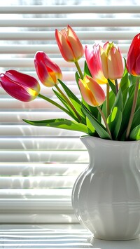 Tulipany w dzbanku przy oknie