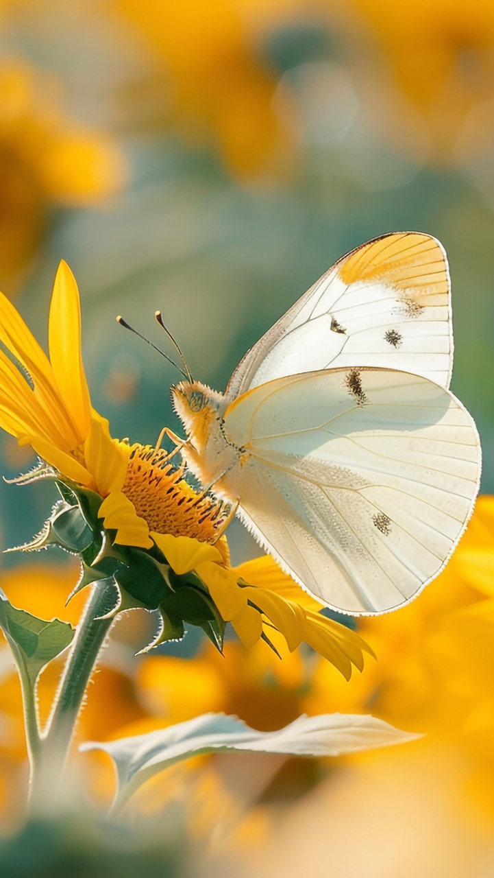 Biały motyl na kwiatku słonecznika