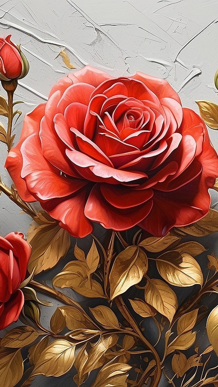 Czerwona róża ze złotymi liśćmi