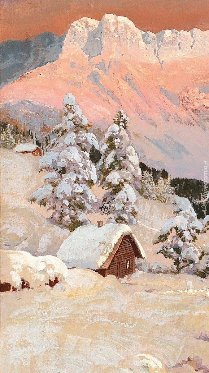 Domek w zimowych górach na obrazie Aloisa Arneggera