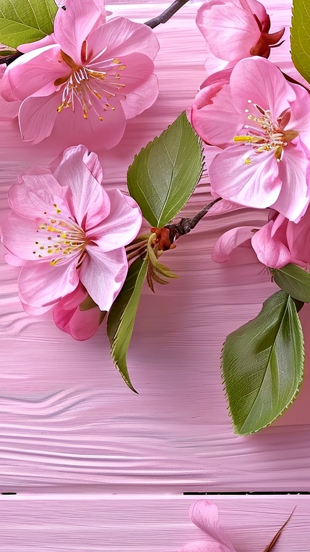 Gałązki drzewa owocowego z różowymi kwiatami na różowych deskach