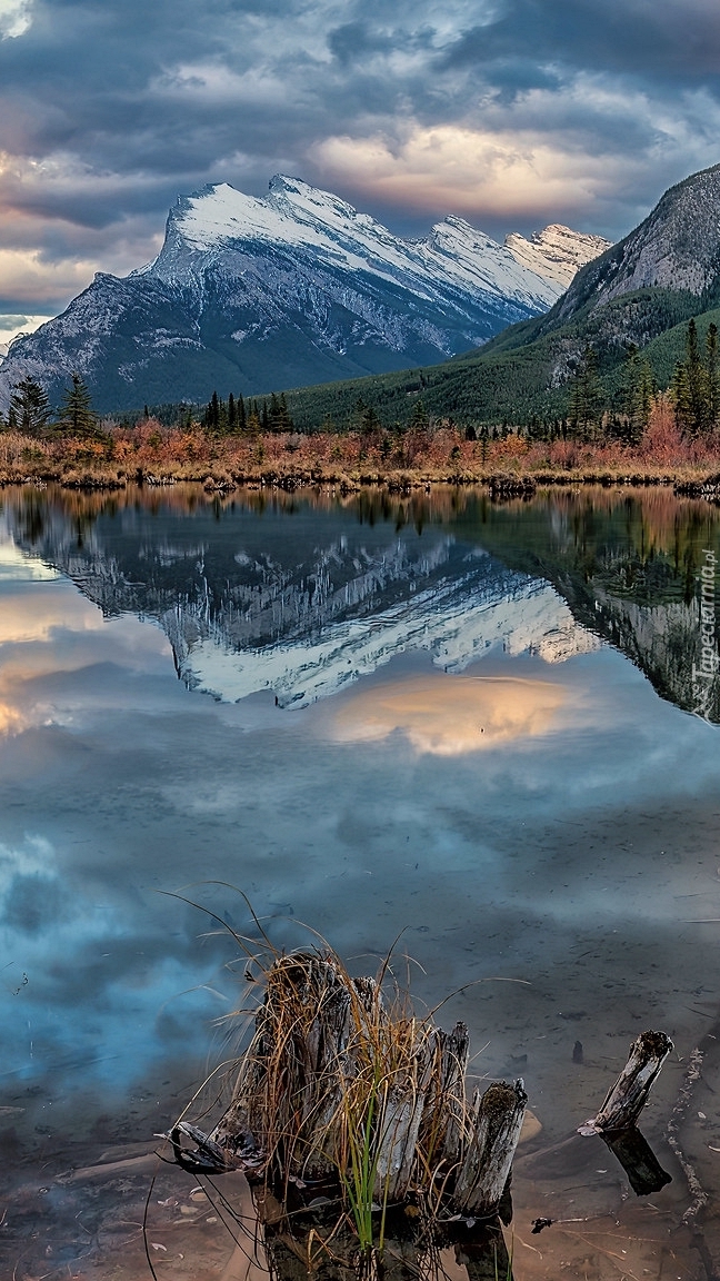 Góry Mount Rundle i jezioro Vermilion Lake