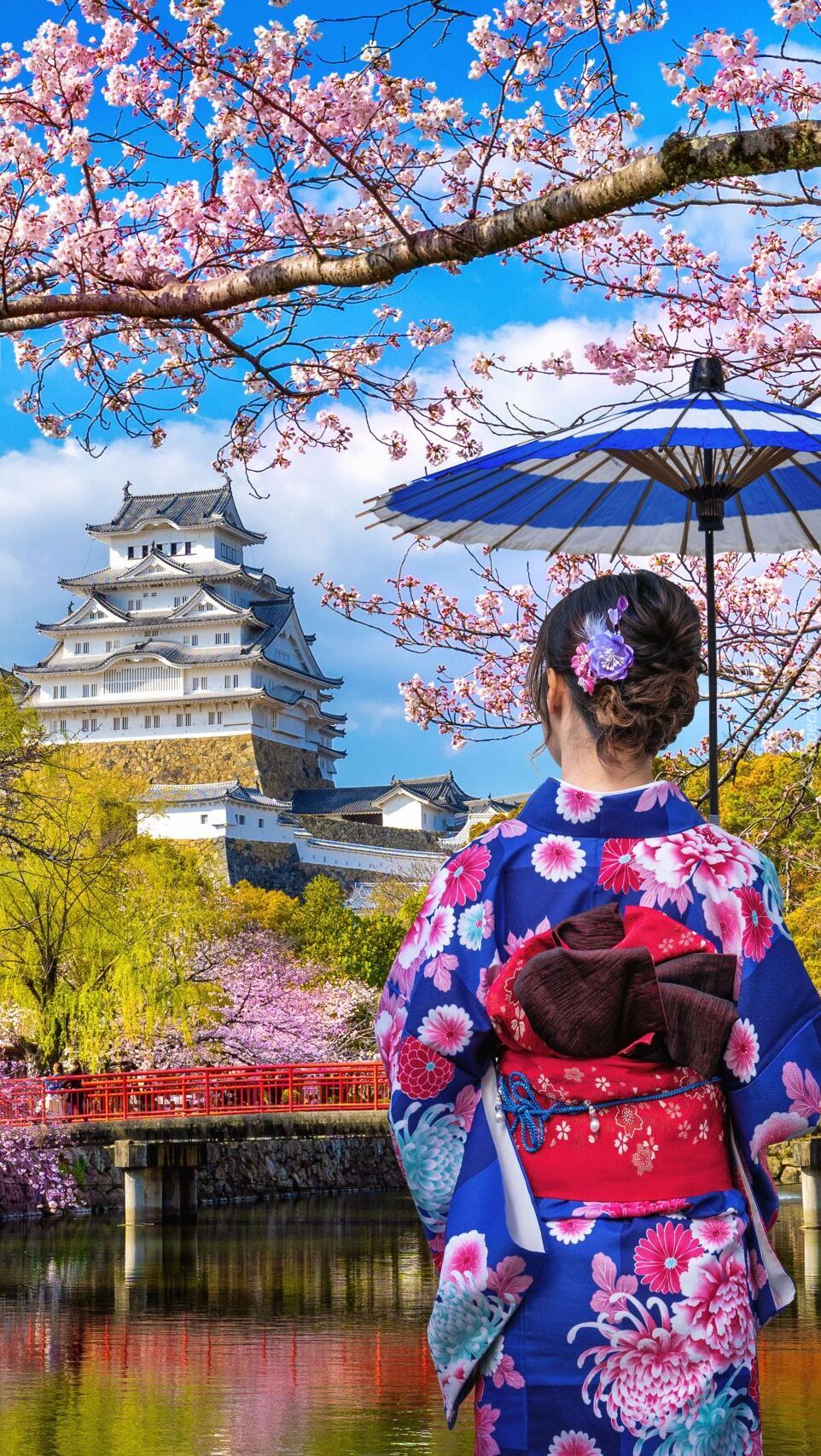 Japonka z parasolką na tle zamku Himeji