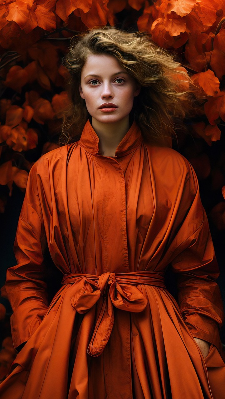 Kobieta w pomarańczowym płaszczu na tle zrudziałych liści