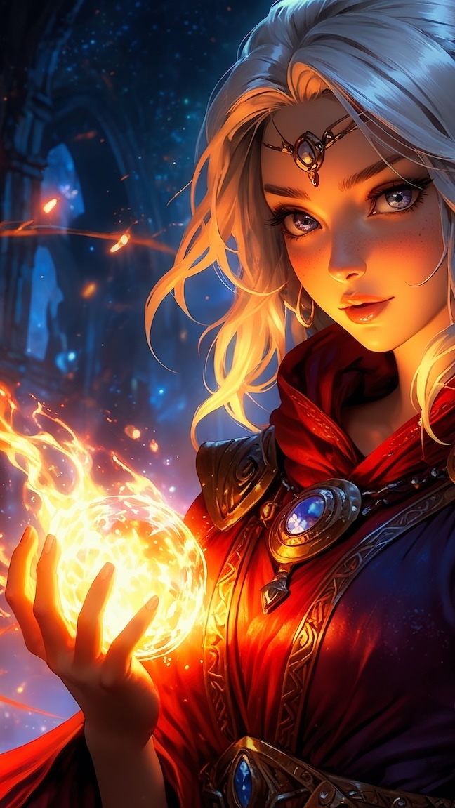 Kobieta z ognistą kulą w grafice fantasy