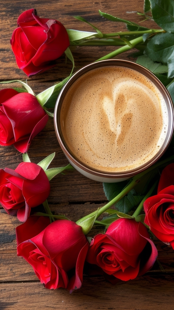 Kubek z kawą wśród czerwonych róż