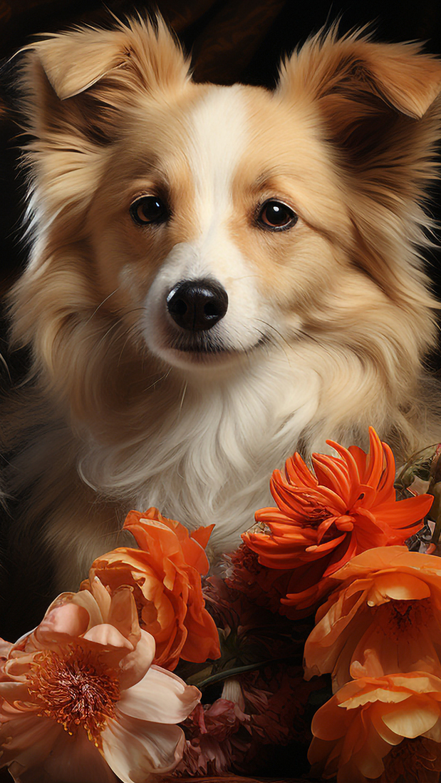 Kudłaty pies i kwiaty