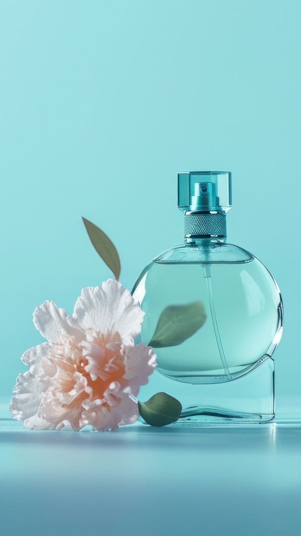 Kwiat obok flakonu z perfumami