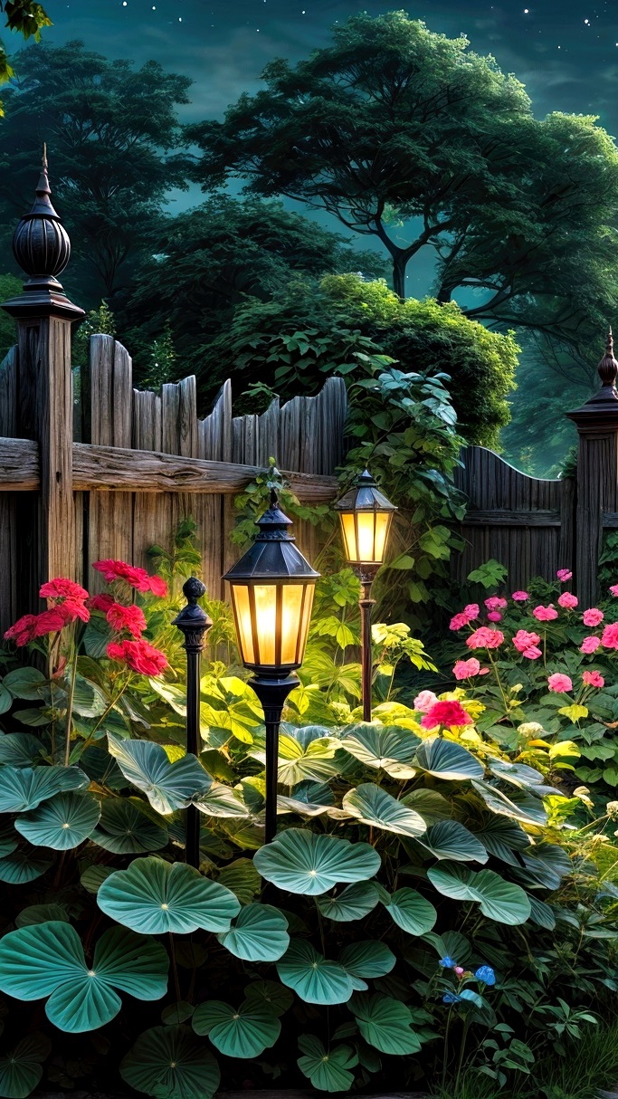 Lampy przy płocie w ogrodzie kwiatowym