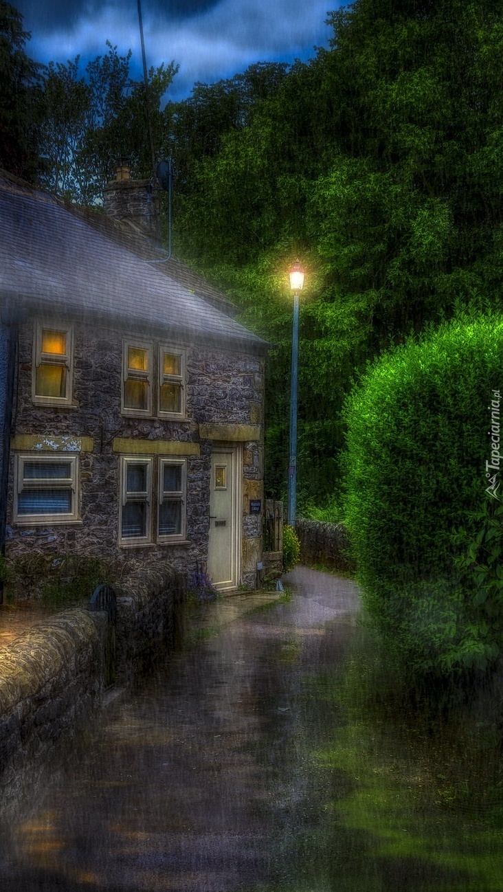 Latarnia obok domu w deszczu