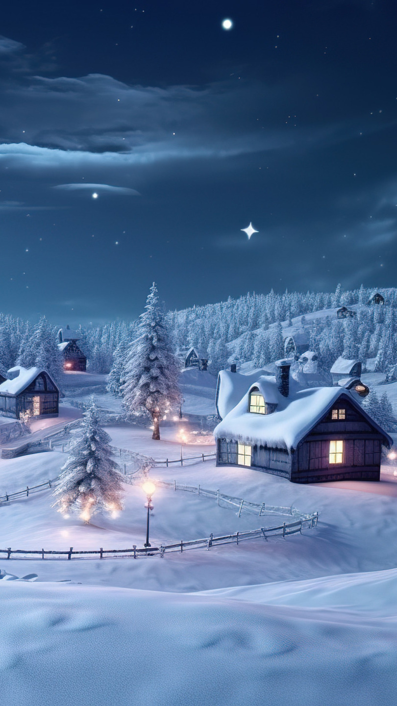 Oświetlone i zaśnieżone domy pod gwieździstym niebem